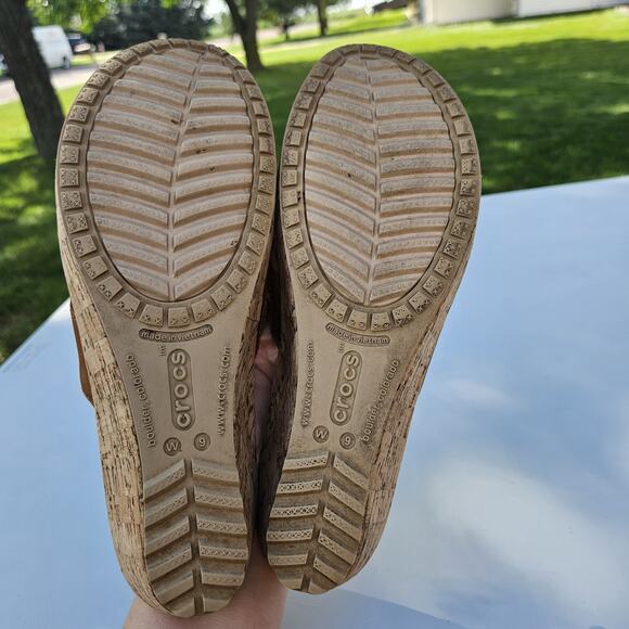 Crocs A-Leigh Brown Leather Cork Wedge Slide Platform Sandals Women’s 9 # 16205 - Picture 11 of 12